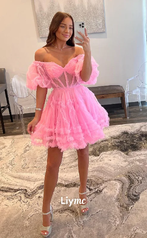 plus-size party dressesLY026 - A line Off Shoulder Short Sleeves Tulle Ruffles Pink Cute Homecoming Dress