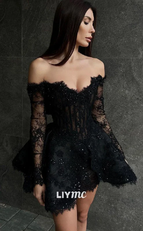 one-shoulder party dressesLY046 - Off-Shoulder Lace Appliques Long Sleeves A-Line Short Homecoming Dress