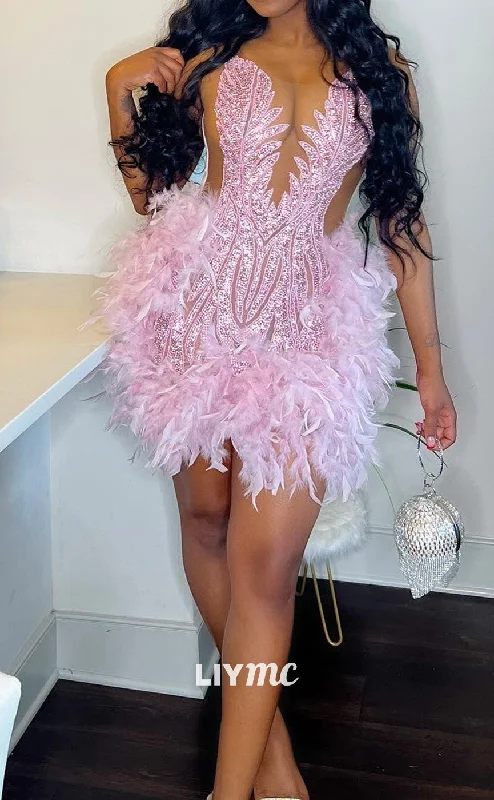 homecoming party dressesLY304 - V-Neck Sleeveless Appliques Feathered Short Homecoming Dress for Black Girls