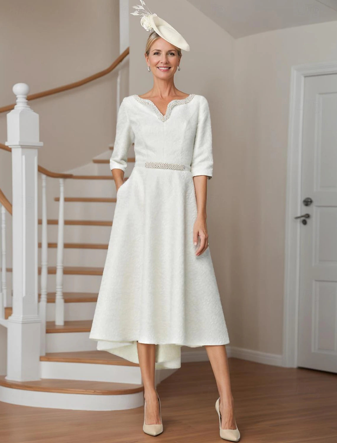 flowy wedding dressesElegant High Low V Neck Asymmetrical Length Polyester 3/4 Length Sleeve with Pearls Mother of the Bride Dress