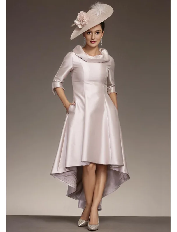 sleeveless wedding dressesElegant Jewel Neck Asymmetrical Satin 3/4 Length Sleeve with Draping Mother of the Bride Dress