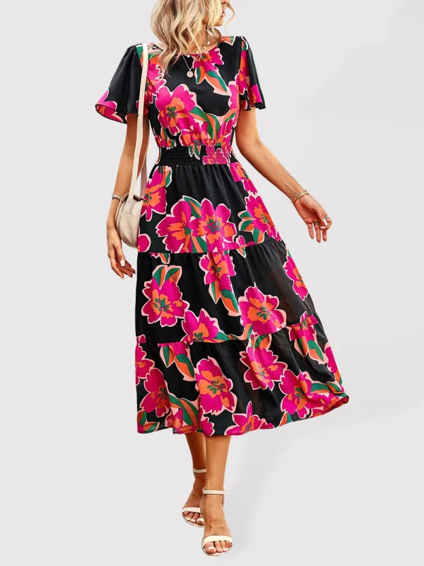 maxi dresses for garden partiesBerryBetty - Women's Floral Dress  Summer Temperament Elegant Waist Short Sleeve Long Dress