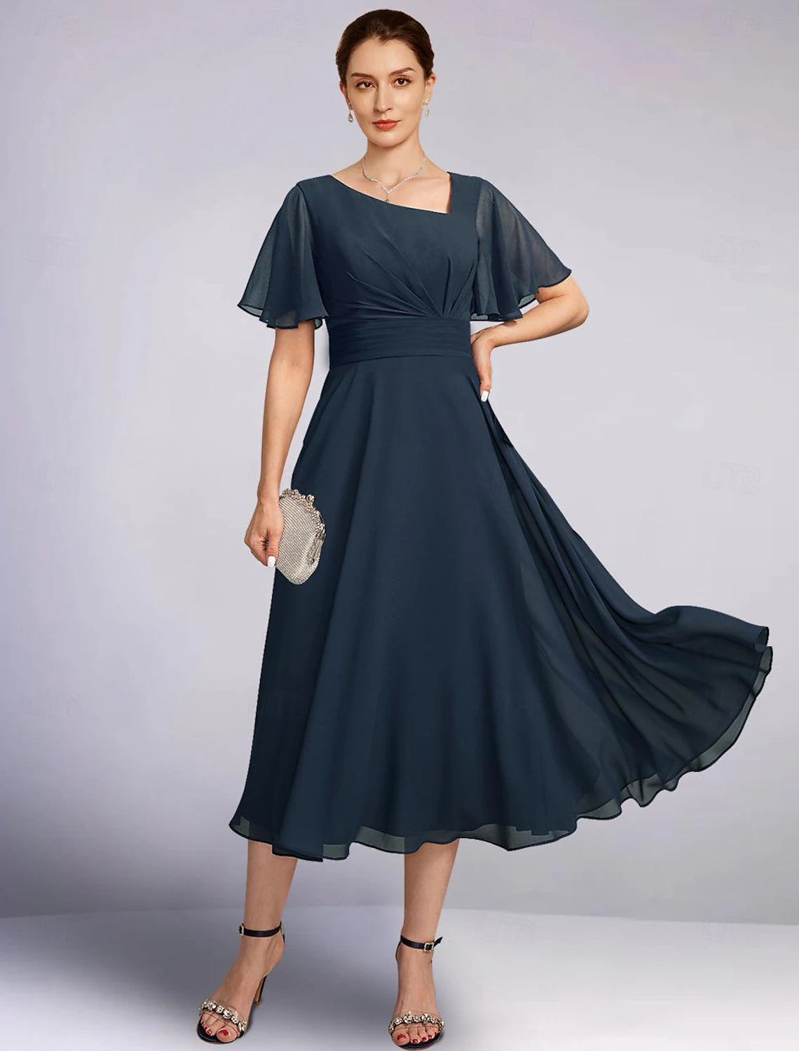 illusion sleeve wedding dressesFormal Elegant V Neck Tea Length Chiffon 3/4 Length Sleeve with Solid Color Mother of the Bride Dress