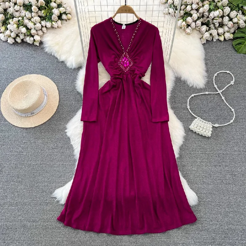 maxi dresses for boat rideslong-sleeved diamond-studded V-neck A-line dress elegant long skirt    S4089