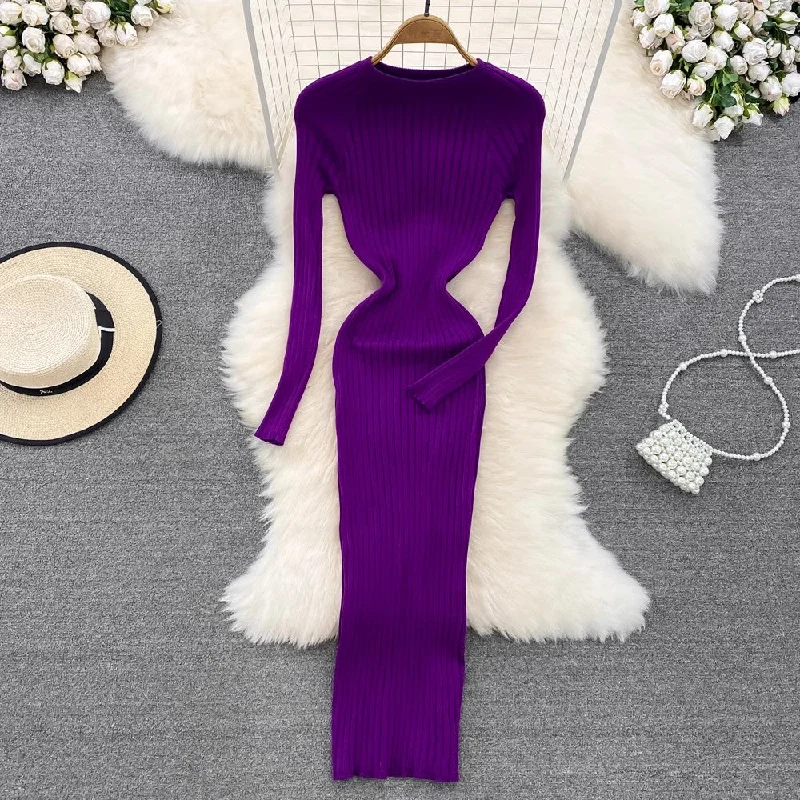 maxi dresses with thigh-high slitslong-sleeved round neck  knitted dress sweater skirt     S4197