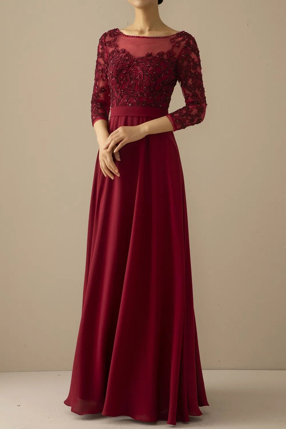 budget-friendly wedding dressesMother of the Bride Dress Applique Sewing beads With Illusion Sleeves