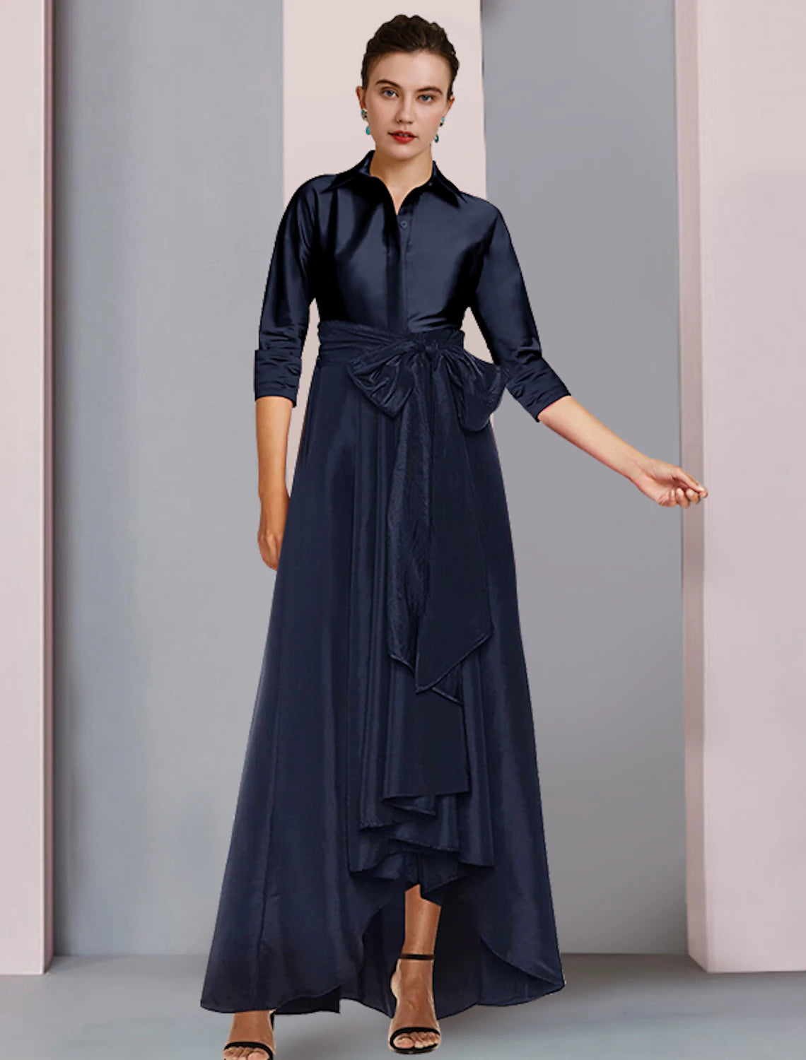 luxury wedding dressesMother of the Bride Dress Elegant Plus Size High Low Shirt Collar Asymmetrical Floor Length Satin 3/4 Length Sleeve with Sash / Ribbon Bow(s) Pleats Mother of the Bride Dress