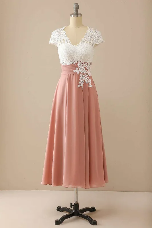 wedding dress with trainMother of the Bride Dress Elegant V Neck Lace & Chiffon Cap Sleeve