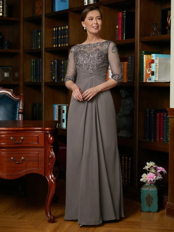 wedding dress try-onMother of the Bride Dresses A-Line Princess Chiffon Applique Scoop 3/4 Sleeves Floor-Length