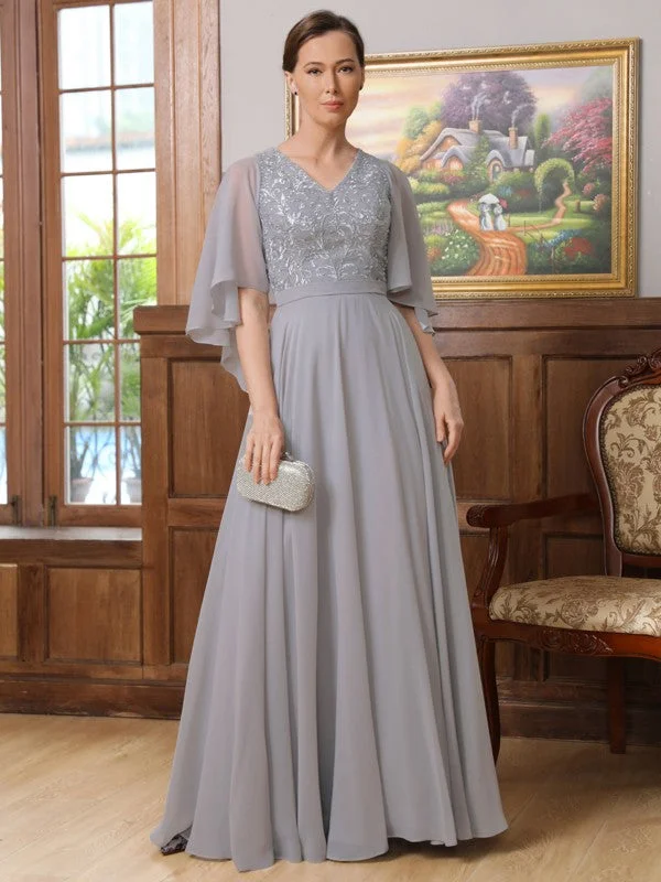 wedding dress with pocketsMother of the Bride Dresses A-Line Princess Chiffon Applique V-neck 1/2 Sleeves Floor-Length