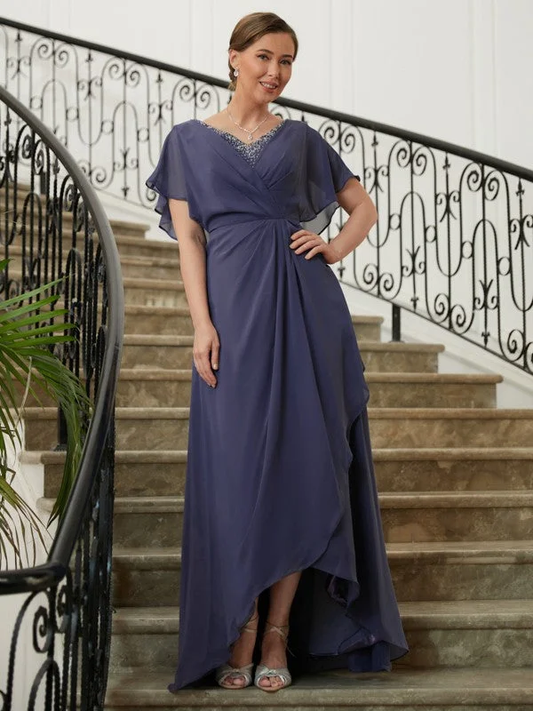 wedding dress with sleevesMother of the Bride Dresses A-Line Princess Chiffon Beading V-neck Short Sleeves Asymmetrical