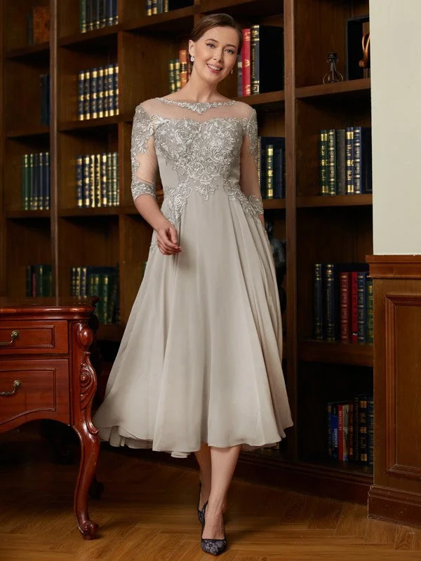 elegant wedding dressesMother of the Bride Dresses A-Line Princess Chiffon Lace 3/4 Sleeves Tea-Length