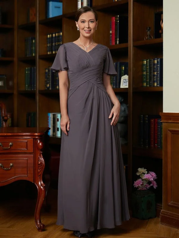 mother-of-the-bride wedding dressesMother of the Bride Dresses A-Line Princess Chiffon Ruched V neck Short Sleeves Floor Length