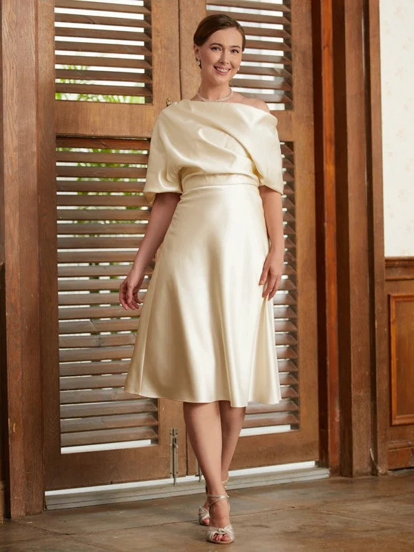 modern wedding dressesMother of the Bride Dresses A-Line Princess Ruched Off-the-Shoulder 1/2 Sleeves Tea-Length