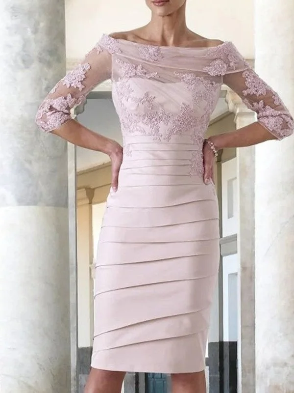 pre-owned wedding dressesMother of the Bride Dresses Column Satin Applique 3/4 Sleeves Knee Length