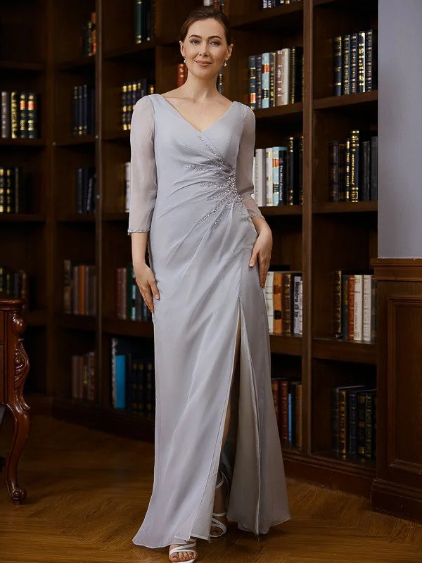 trendy wedding dressesMother of the Bride Dresses Sheath Chiffon Beading V-neck 3/4 Sleeves Floor-Length