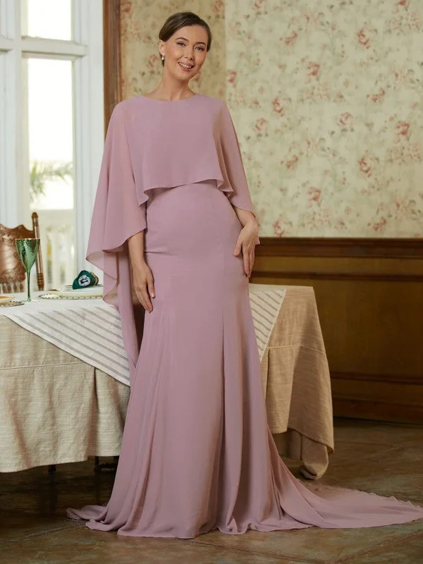 wedding dress fittingMother of the Bride Dresses Sheath/Column Chiffon Ruffles Long Sleeves Sweep