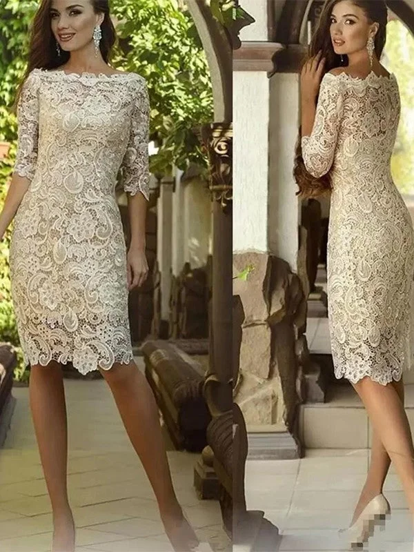 wedding dress with trainMother of the Bride Dresses Sheath Column Lace Applique Off-the-Shoulder 3/4 Sleeves Knee Length