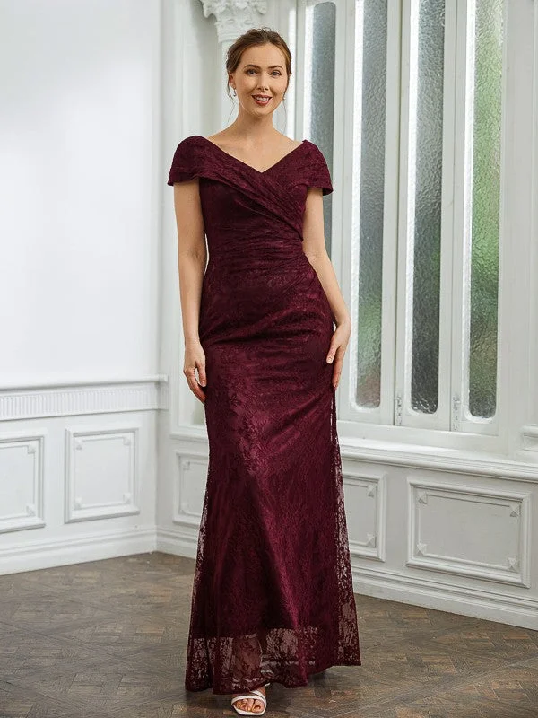 appliqued wedding dressesMother of the Bride Dresses Sheath Column Lace Ruched V-neck Short Sleeves Floor-Length