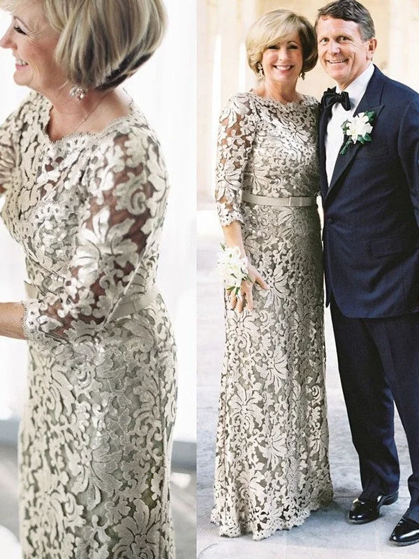 wedding dress with open backMother of the Bride Dresses Sheath Column Lace Sash Ribbon Belt 3/4 Sleeves Floor-Length