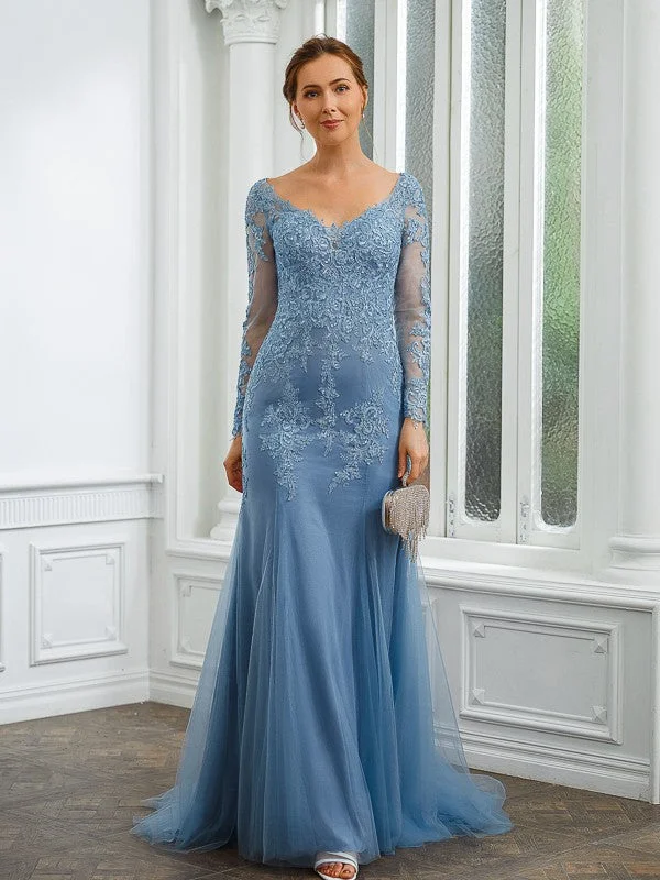 glamorous wedding dressesMother of the Bride Dresses Sheath Column Tulle Applique V-neck Long Sleeves Sweep Brush Train