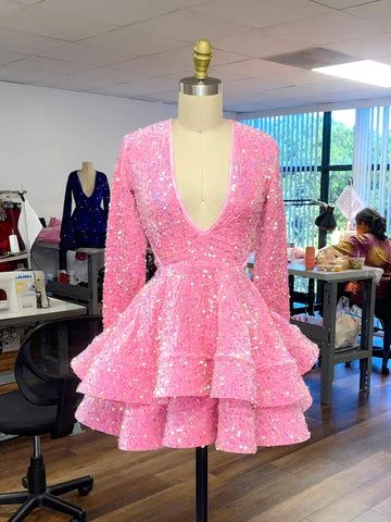 bachelorette party dressesPink Cocktail Dresses A-Line V-Neck Long Sleeve Shiny Sequin Homecoming Dresses    S2033