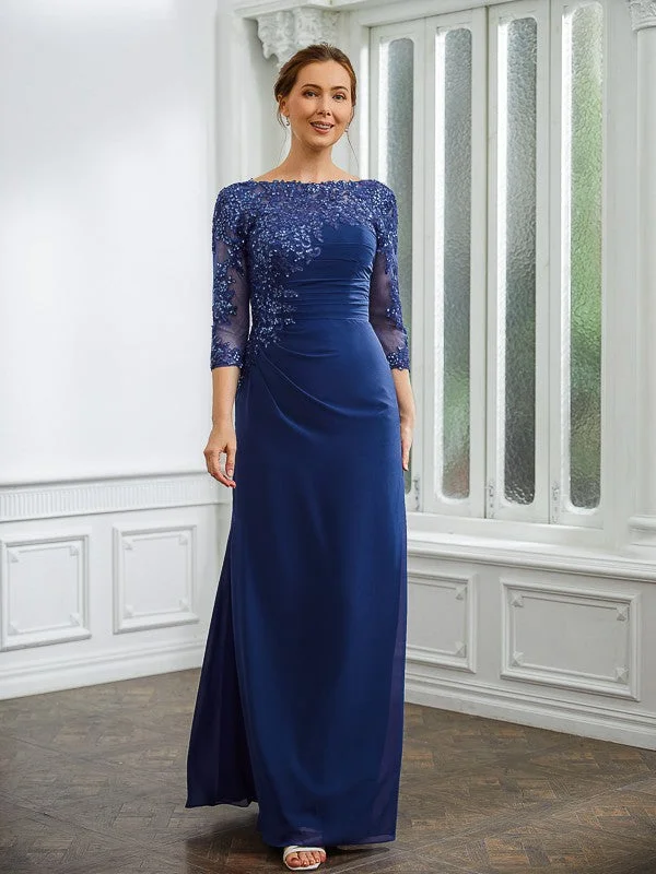 custom-fitted wedding dressesSheath/Column Chiffon Applique Bateau 3/4 Sleeves Floor-Length Mother of the Bride Dresses