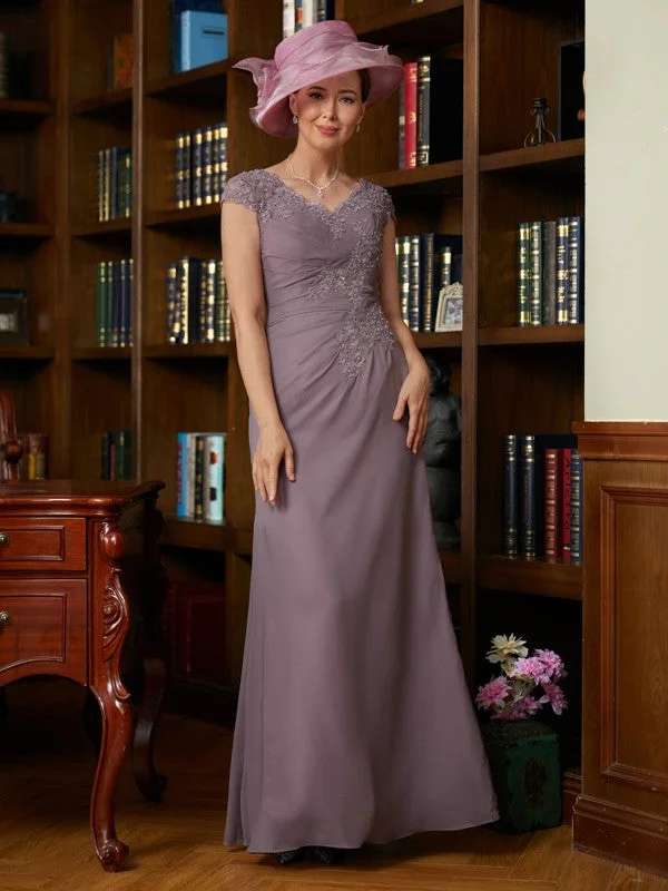 wedding dress without trainSheath/Column Chiffon Lace V-neck Short Sleeves Floor-Length Mother of the Bride Dresses