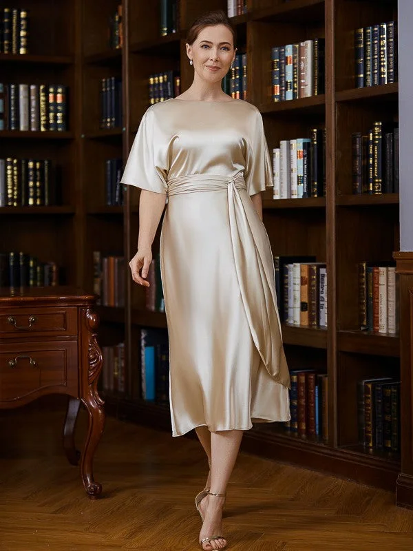 glamorous bohemian wedding dressesSheath/Column  Woven Satin Ruched Scoop Short Sleeves Tea-Length Mother of the Bride Dresses