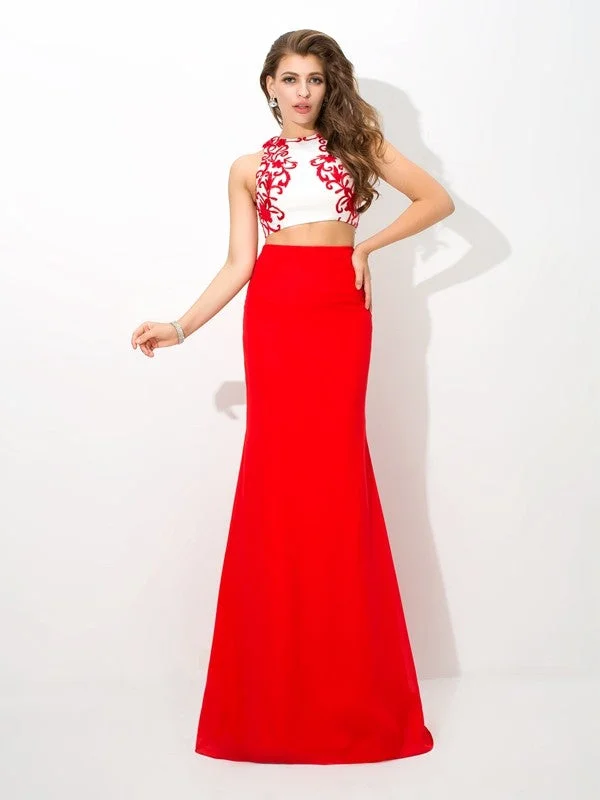 velvet maxi dressesSheath/Column High Neck Applique Sleeveless Long Chiffon Two Piece Dresses