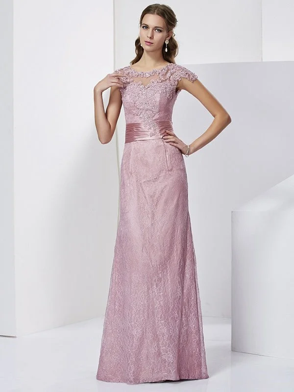 detailed wedding dressesSheath/Column High Neck Short Sleeves Lace Long  Woven Satin Mother of the Bride Dresses