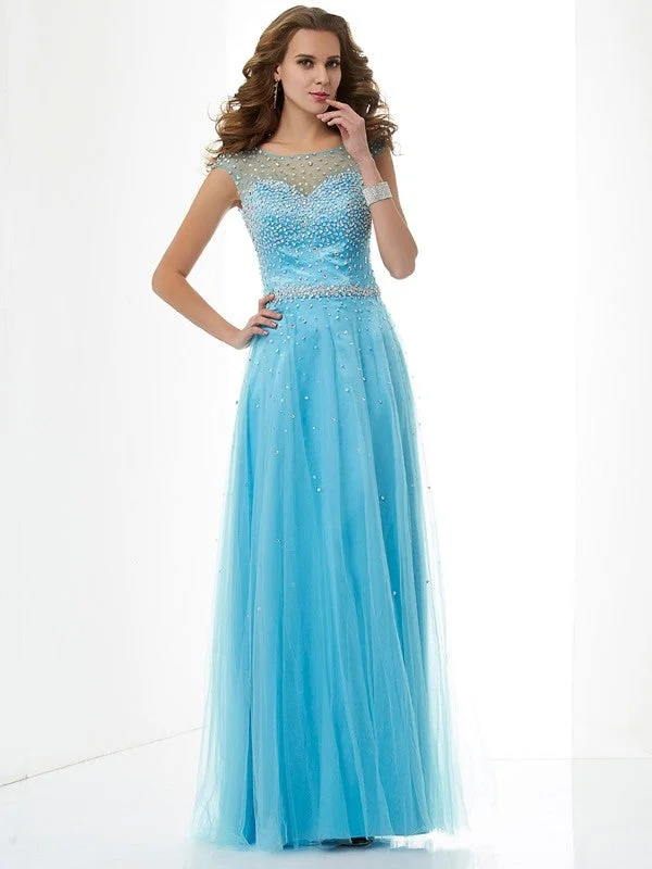 maxi dresses with flutter sleevesSheath/Column High Neck Sleeveless Beading Long Net Dresses