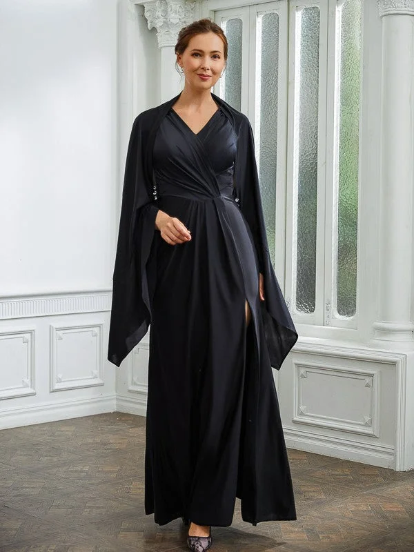 elegant bohemian wedding dressesSheath/Column Jersey Ruched V-neck Sleeveless Floor-Length Mother of the Bride Dresses