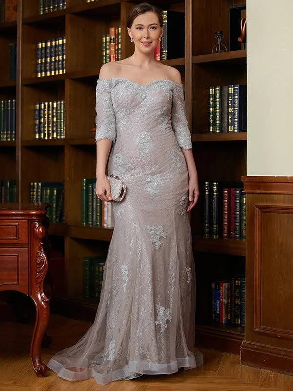 wedding dress with lace overlaySheath/Column Lace Applique Off-the-Shoulder 3/4 Sleeves Sweep/Brush Train Mother of the Bride Dresses