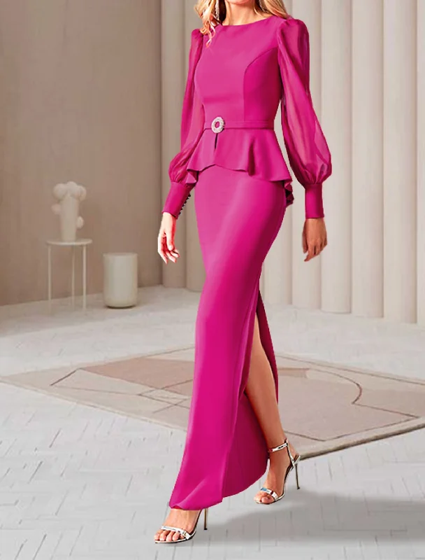 sample sale wedding dressesSheath / Column Mother of the Bride Dress Elegant Jewel Neck Ankle Length Chiffon Long Sleeve with Ruffles Split Front Crystal Brooch