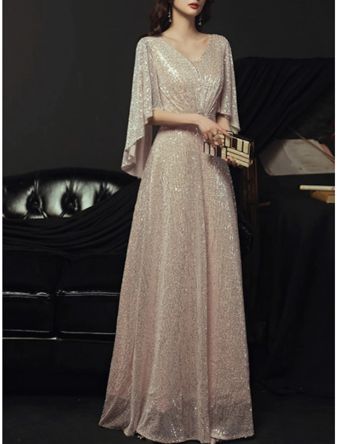 pre-owned wedding dressesSheath / Column Mother of the Bride Dress Elegant Sparkle & Shine Petite V Neck Floor Length Sequined Half Sleeve with Pleats Crystal Brooch