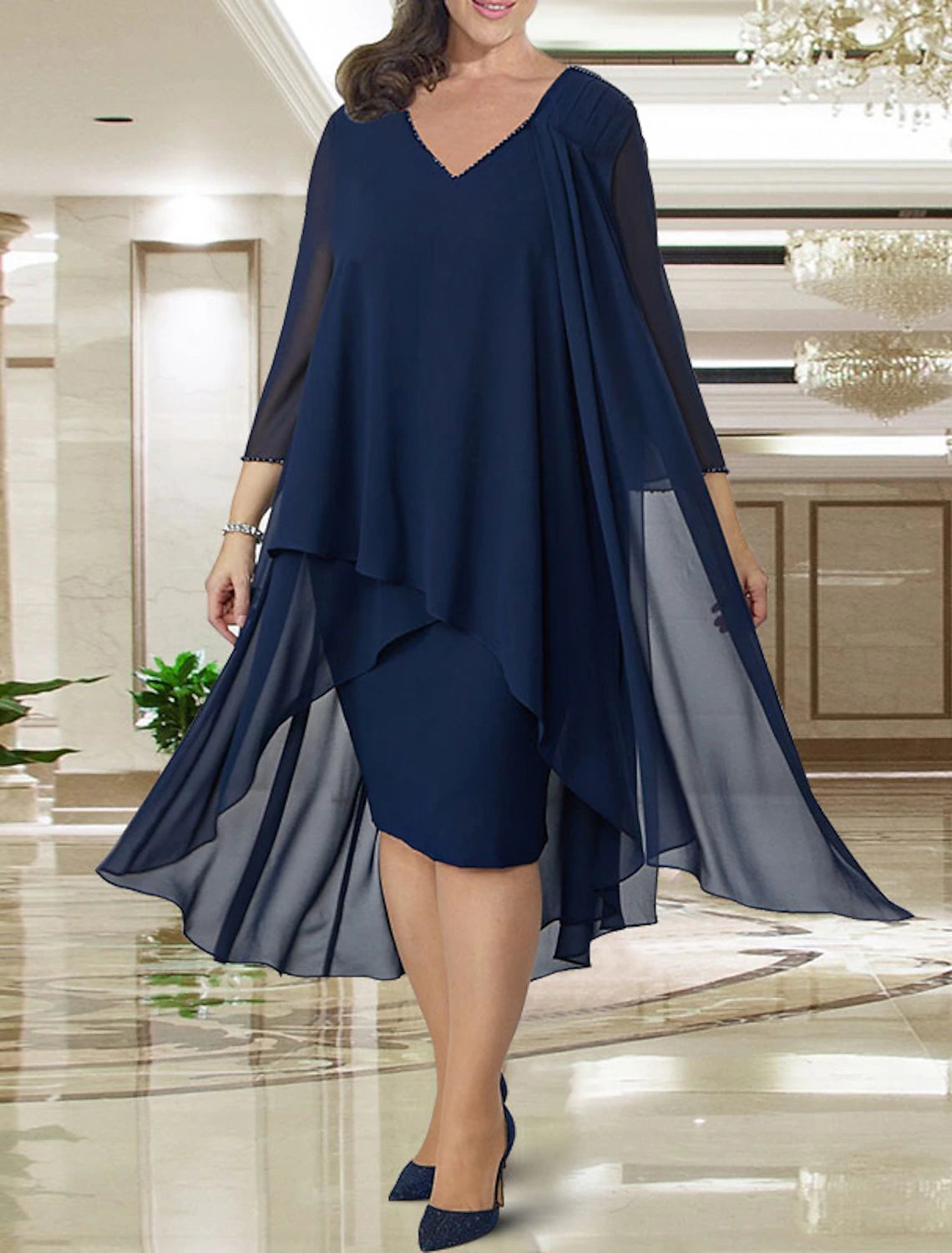 custom-fitted wedding dressesSheath / Column Mother of the Bride Dress Plus Size Elegant V Neck Knee Length Chiffon 3/4 Length Sleeve with Beading Ruffles Ruching