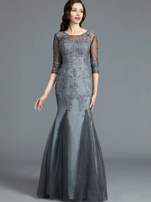 wedding dress try-onSheath/Column Scoop Applique 1/2 Sleeves Tulle Floor-Length Mother of the Bride Dresses