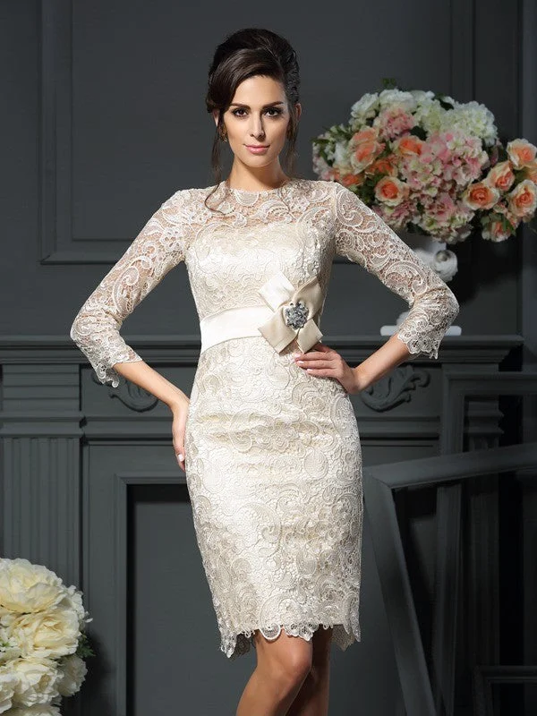 lightweight wedding dressesSheath/Column Scoop Bowknot 3/4 Sleeves Short Lace Mother of the Bride Dresses