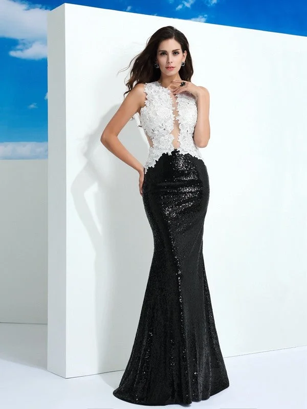 maxi dresses with cinched waistsSheath/Column Scoop Paillette Sleeveless Long Lace Dresses