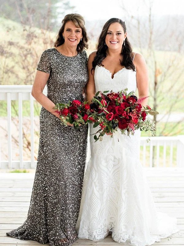 wedding dress with pocketsSheath/Column Sequins Scoop Short Sleeves Sweep/Brush Train Mother of the Bride Dresses