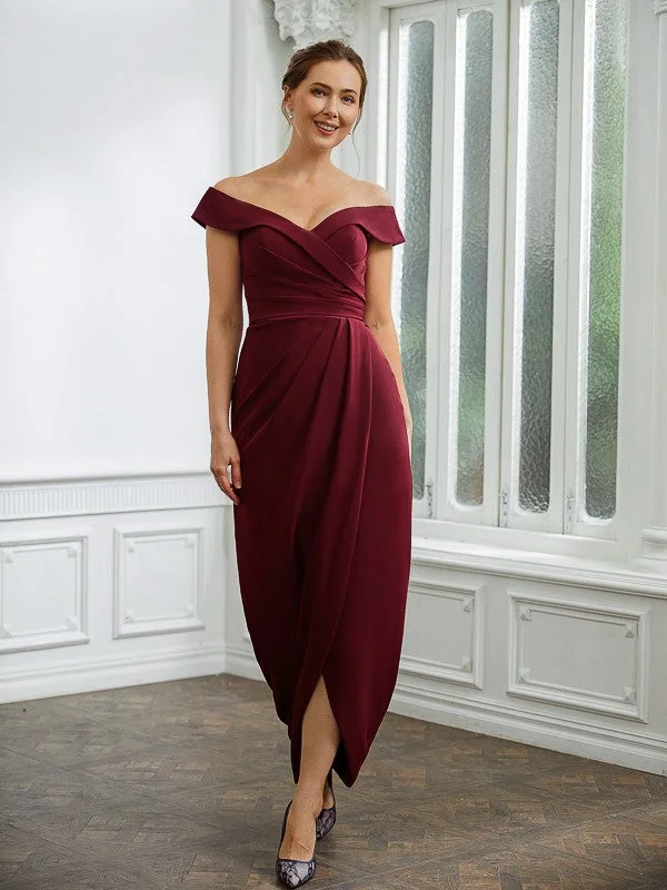 statement wedding dressesSheath/Column Stretch Crepe Ruched Off-the-Shoulder Sleeveless Floor-Length Mother of the Bride Dresses