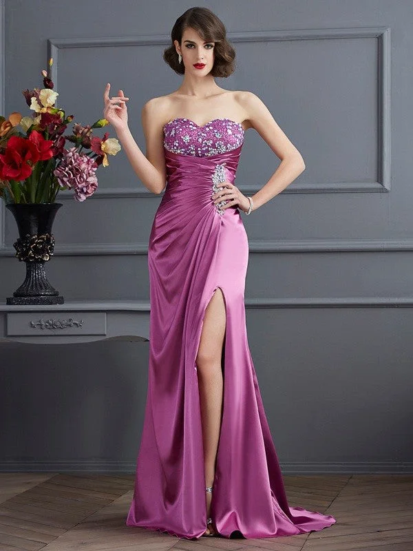 maxi dresses with hidden pocketsSheath/Column Sweetheart Sleeveless Beading Long  Woven Satin Dresses