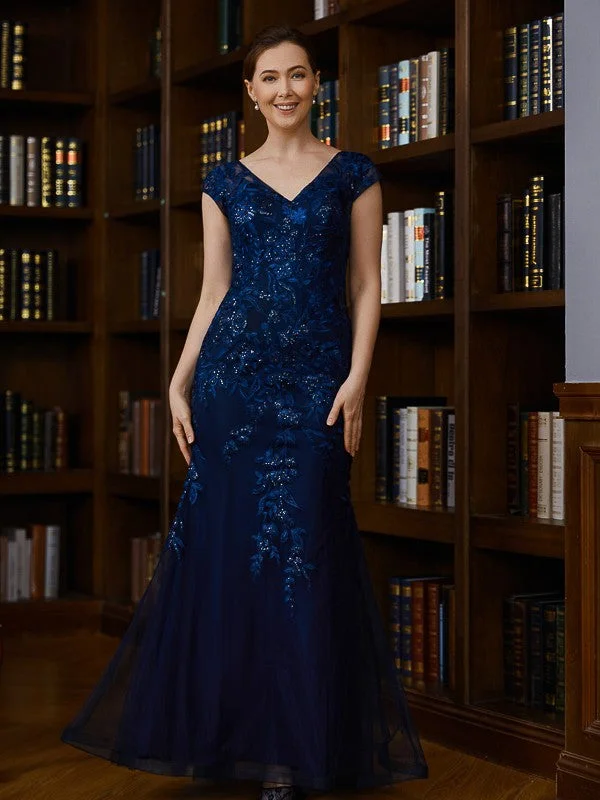 timeless wedding dressesSheath/Column Tulle Applique V-neck Short Sleeves Floor-Length Mother of the Bride Dresses