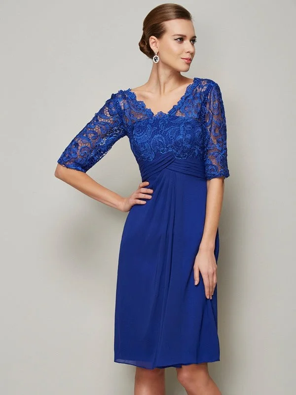 garden wedding dressesSheath/Column V-neck 1/2 Sleeves Lace Short Chiffon Mother of the Bride Dresses