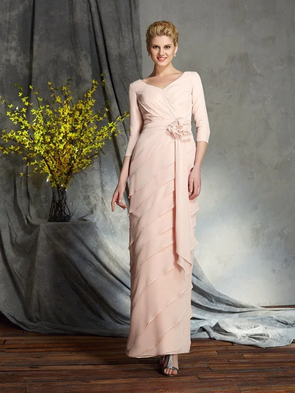 wedding dress trendsSheath/Column V-neck Hand-Made Flower 3/4 Sleeves Long Chiffon Mother of the Bride Dresses