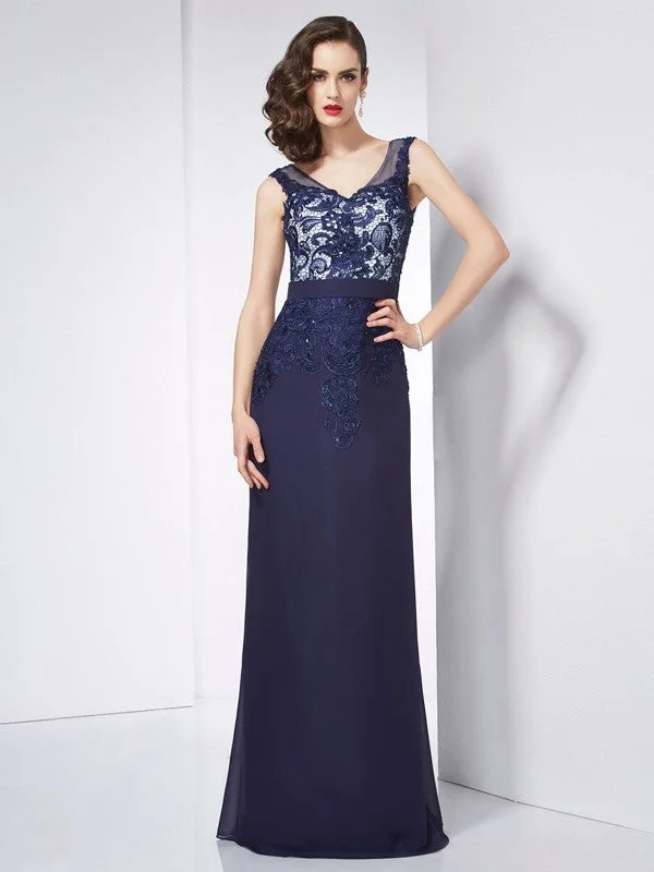 maxi dresses with off-the-shoulder necksSheath/Column V-neck Sleeveless Beading Applique Long Chiffon Dresses