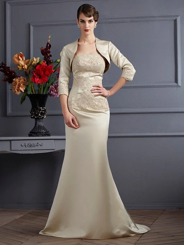 vintage-inspired wedding dressesTrumpet/Mermaid Strapless Sleeveless Applique Long Satin Mother of the Bride Dresses