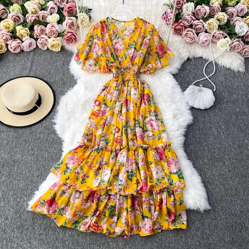 maxi dresses for cool weatherV-neck floral dress bohemian long skirt       S4179