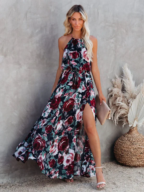 maxi dresses for destination weddingsBerryBetty - Women's Flower Print Halter Neck Large Swing Beach Dress Long Dress